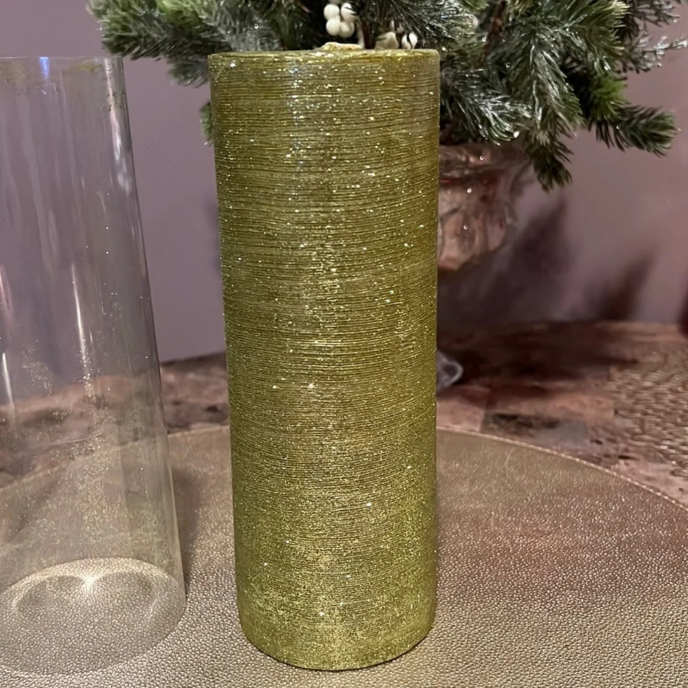 Crate & Barrel Green Shimmer Glitter Pillar Candle